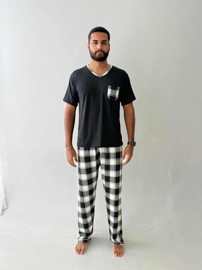 Pijama Longo com Manga Curta Masculino - Xadrez Preto com Branco