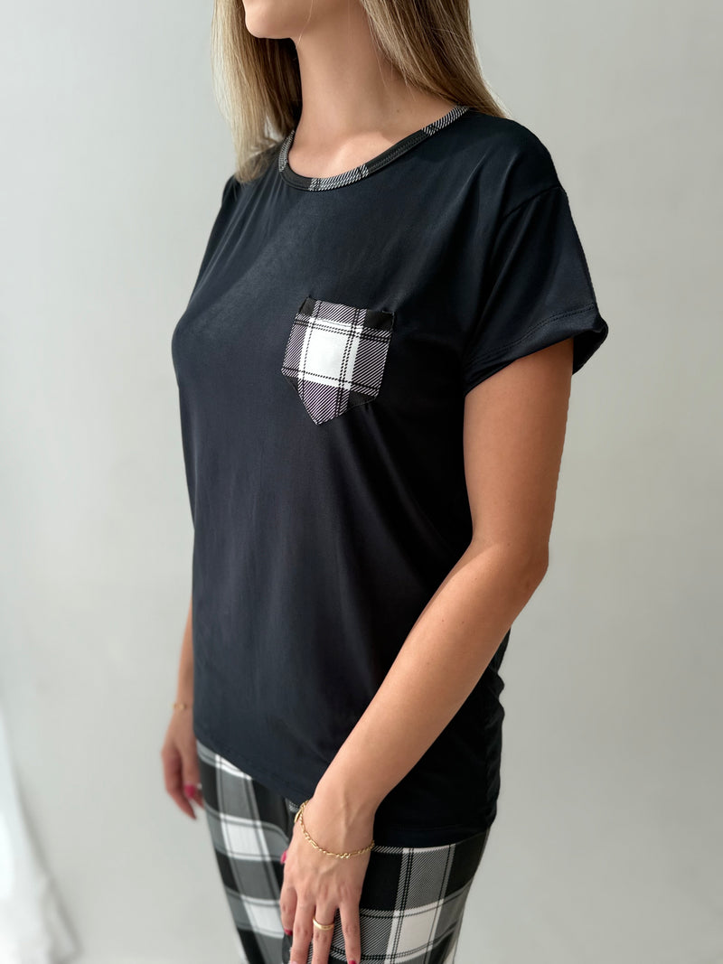 Pijama Longo com Manga Curta Feminino - Xadrez Preto com Branco