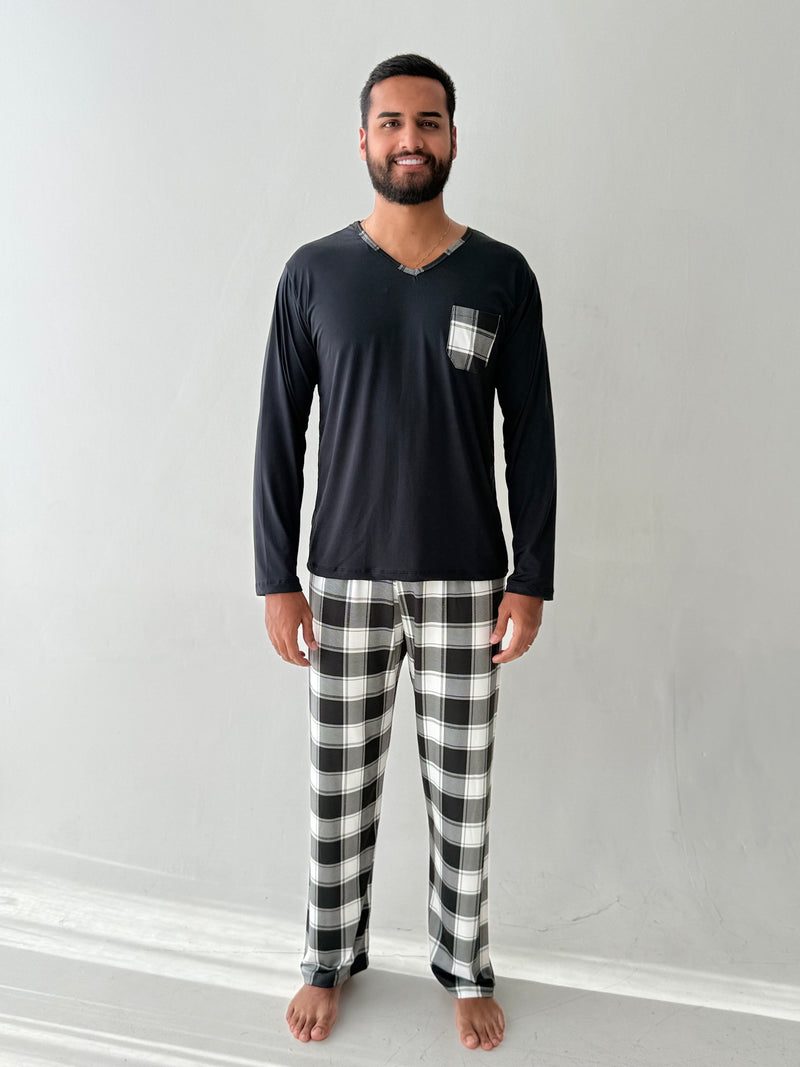 Pijama Longo Masculino - Xadrez Preto com Branco