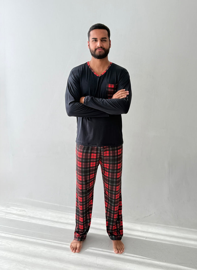 Pijama Longo Masculino - Xadrez Preto com Vermelho