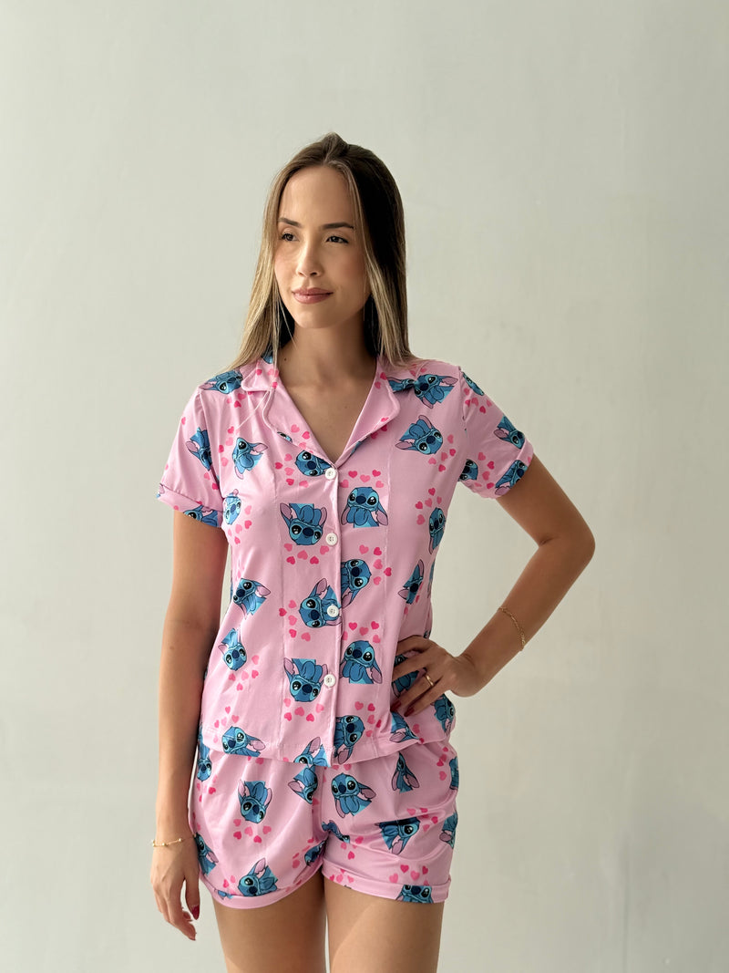 Pijama Americano Feminino - Stitch Rosa