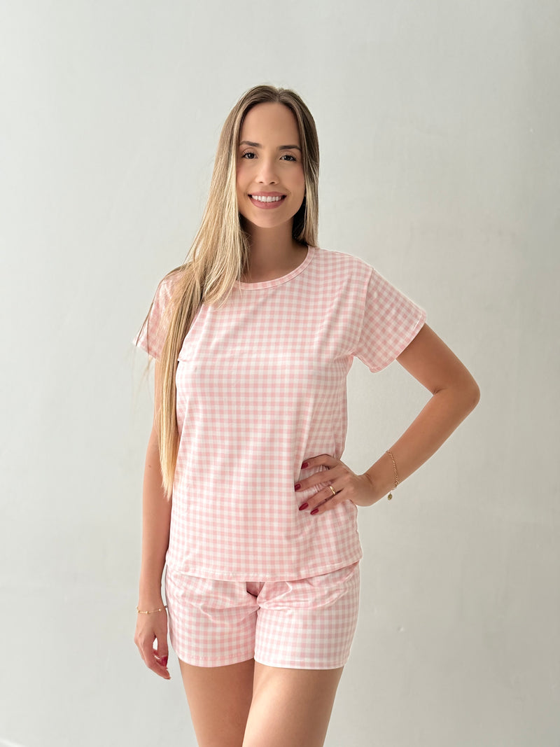 Baby Doll com Manga Feminino - Xadrez Rosa